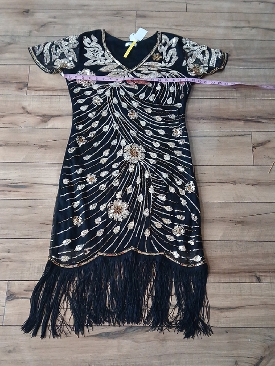 Black & Gold Art Deco Floral Cocktail Fringe V-Neck Beaded Dress New Large - Picture 6 of 16